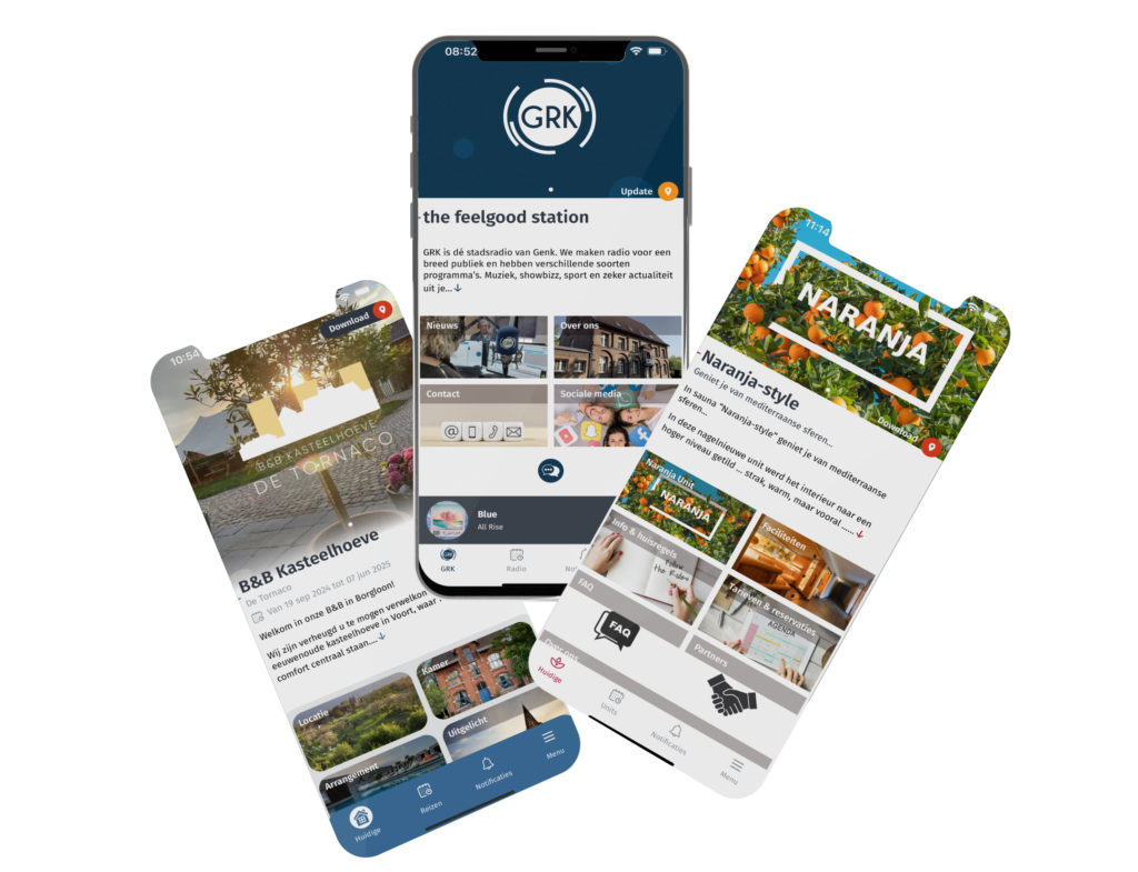 3 schermen van apps gemaakt door Appit 4 All. Dit van 3 klanten namelijk: B&B Kasteelhoeve De Tornaco, Radio GRK en Essenzi Wellness