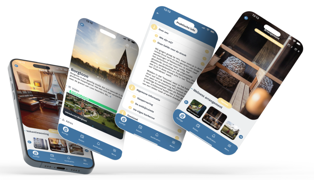 Een waaier van 4 iPhone schermen. Van links naar rechts: Overzicht kamers, detailpagina over Borgloon, praktische informatie en overzicht van de arrangementen