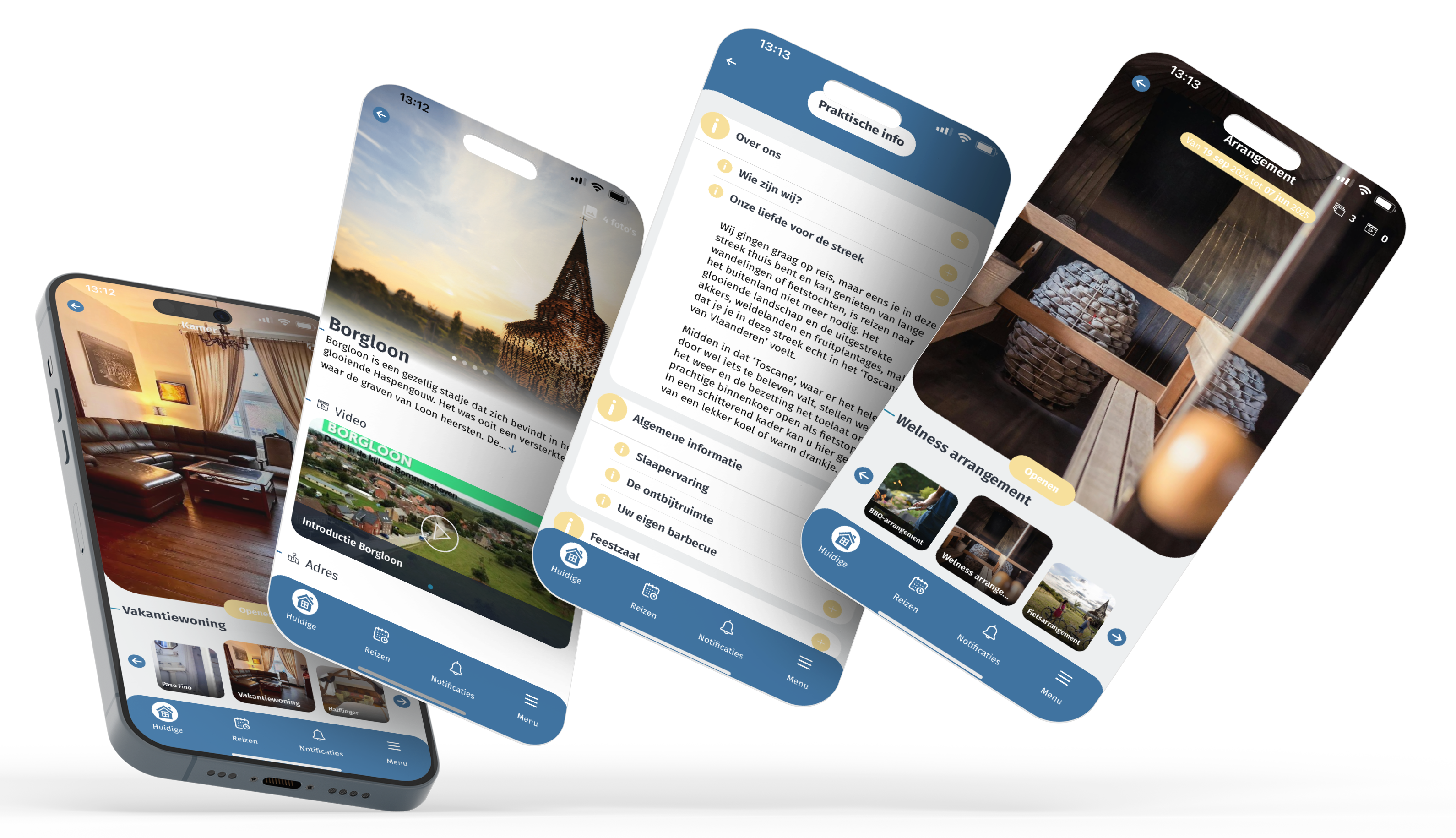 Een waaier van 4 iPhone schermen. Van links naar rechts: Overzicht kamers, detailpagina over Borgloon, praktische informatie en overzicht van de arrangementen